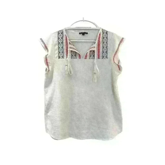 Adrianna Papell Embroidered Blouse Women Medium White Flutter Sleeves Tassel Tie - Picture 3 of 10